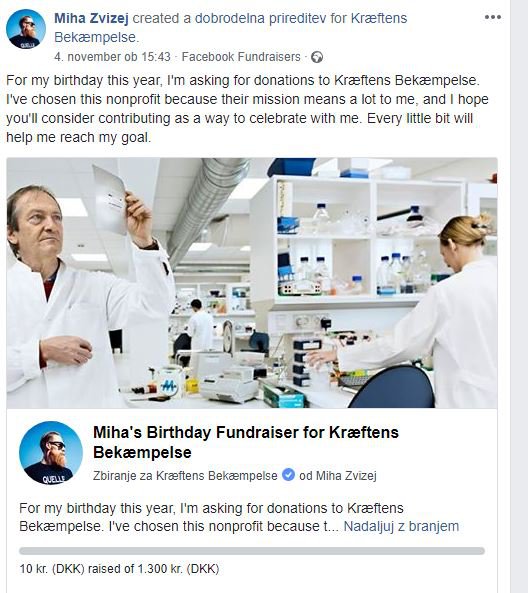 Miha Žvižej namesto daril poziva k donaciji. FOTO: Facebook