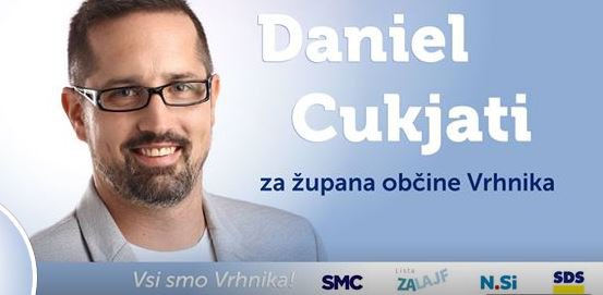 Vrhniški županski kandidat Daniel Cujkati s podporo SMC, NSi in SDS. FOTO: Facebook, posnetek zaslona