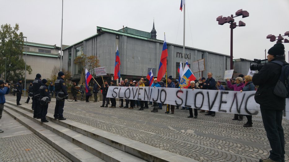 Fotografija: Protestniki z napisom: Slovenijo Slovencem. FOTO: T. V.