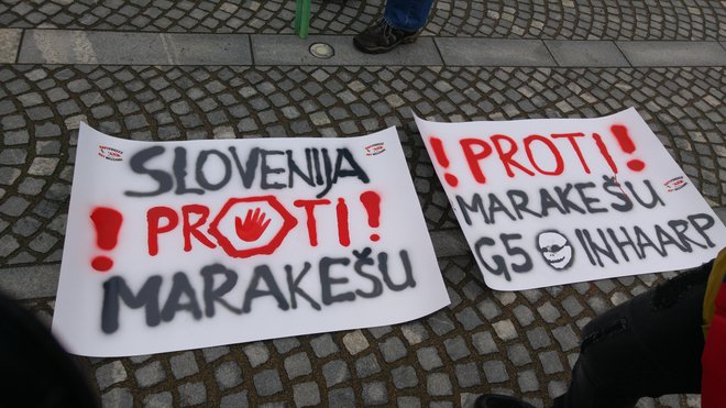 Protestniki so proti marakeški deklaraciji. Povedali so, da so tudi proti dogovoru o globalnem dogovoru ZN, o katerem odločajo v DZ. FOTO: T. V.