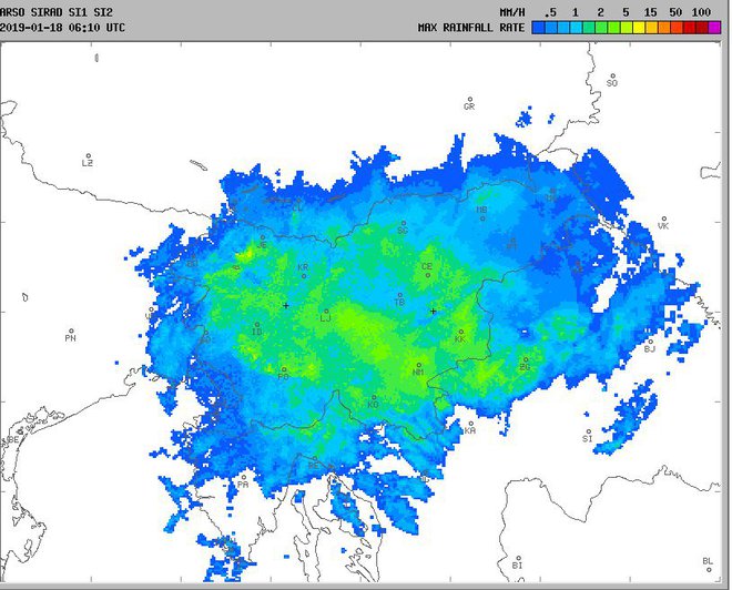 Radarska slika padavin: jutro in dopoldne. FOTO: Arso