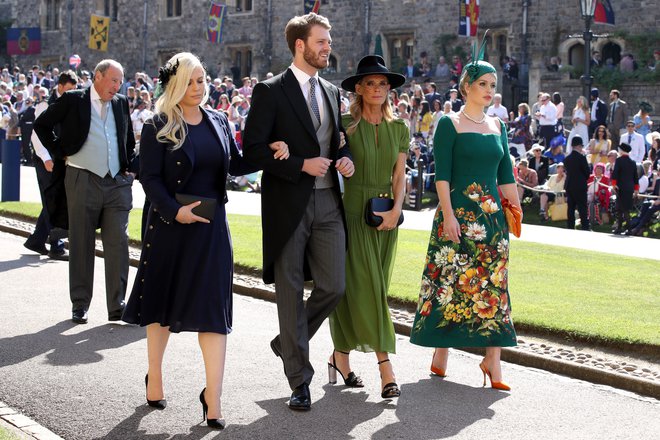 Louis Spencer z mamo in sestrama na poroki princa Harryja in Meghan Markle FOTO: Guliver/Getty Images
