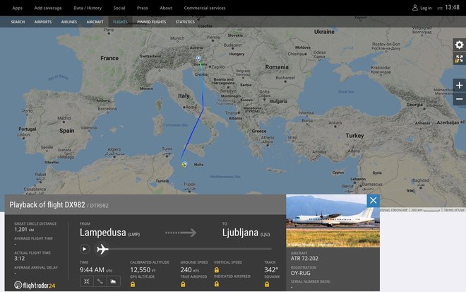 Let letala z Lampeduze, ki ga je opazil naš bralec. FOTO: posnetek zaslona