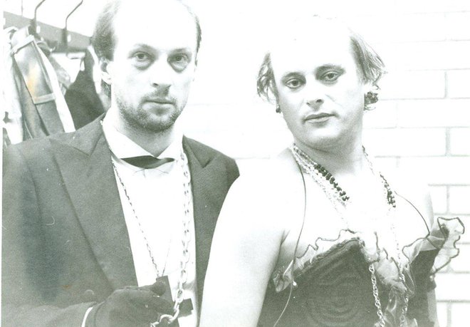 Vlado Kreslin in Gojc v muzikalu Rocky Horror Picture Show, ki je bil uprizorjen v Drami SNG Maribor leta 1988.