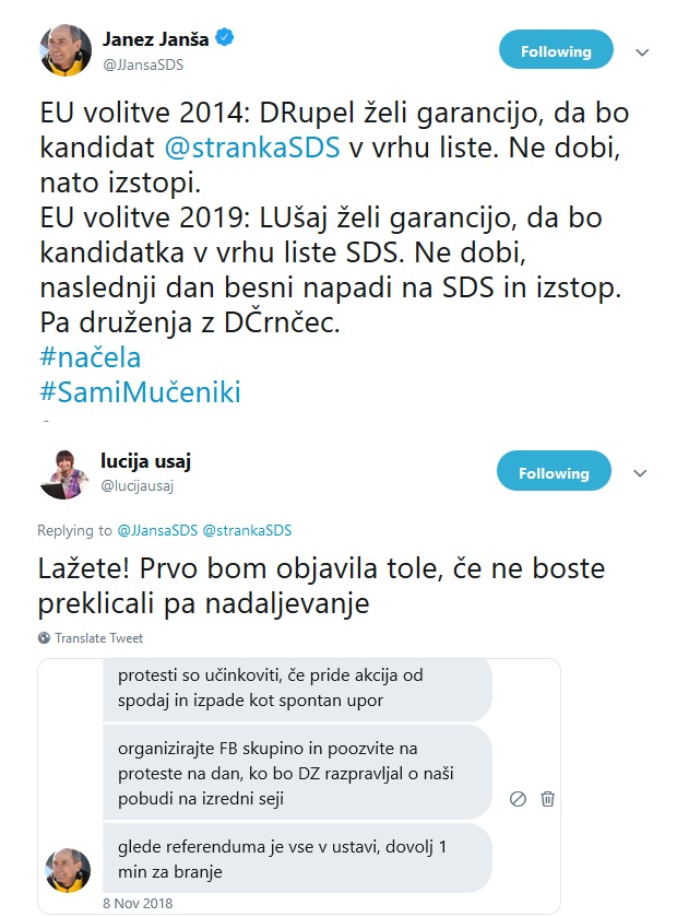 Izmenjava mnenj Janše in Ušajeve na twitterju. FOTO: Zaslonski posnetek