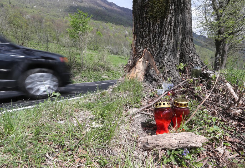 Fotografija: Na tragično prometno nesrečo opozarjajo olupljeno deblo lipe in štiri svečke. Foto: Dejan Javornik