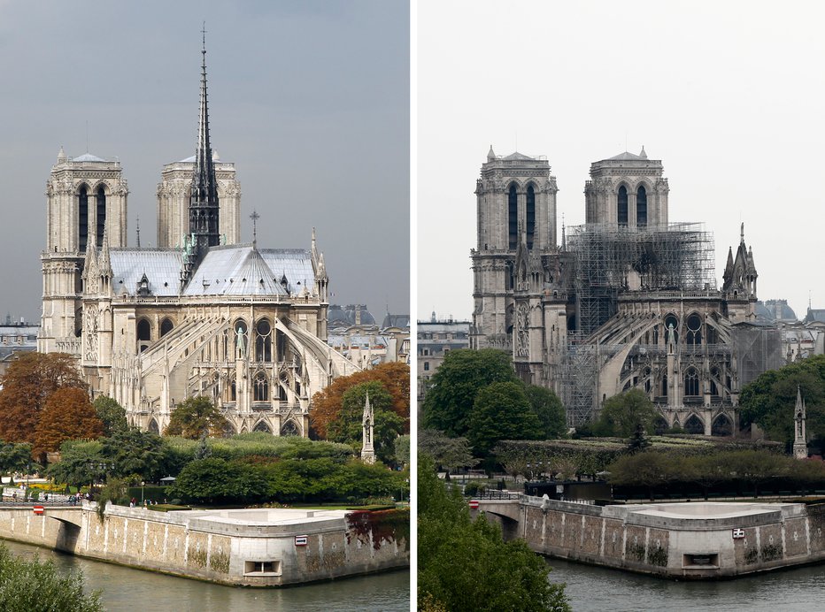 Fotografija: Notre dame pred in po požaru. FOTO: Reuters