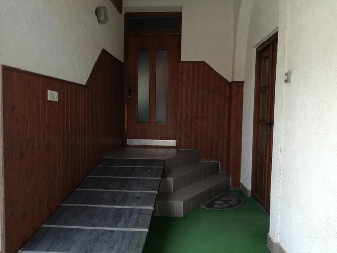 Vhodno stopnišče, kjer bi namesto lesene klančine prišlo dvigalo, ki je bistveno krajše. Potrebni sta zamenjava vhodnih vrat (dotrajanost) in njihova prestavitev desno od stopnišča (kotlovnica) zaradi premalo prostora.