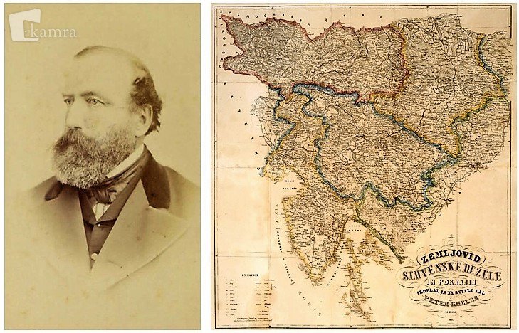 Fotografija: Peter Kozler in prvi slovenski zemljevid.