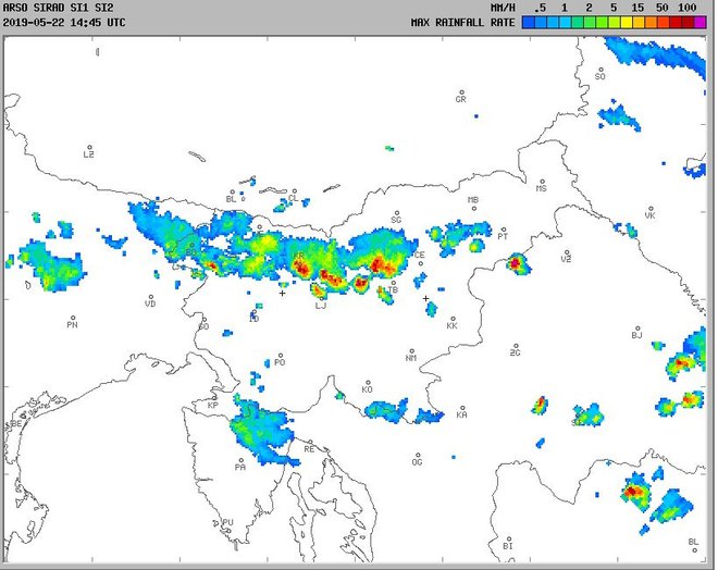 Radarska slika padavin: toča prihaja. FOTO: Arso