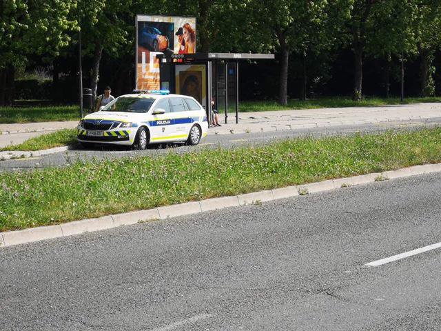 Policijski avtomobil stoji na avtobusni postaji na Šmartinski cesti. FOTO: bralec Rado