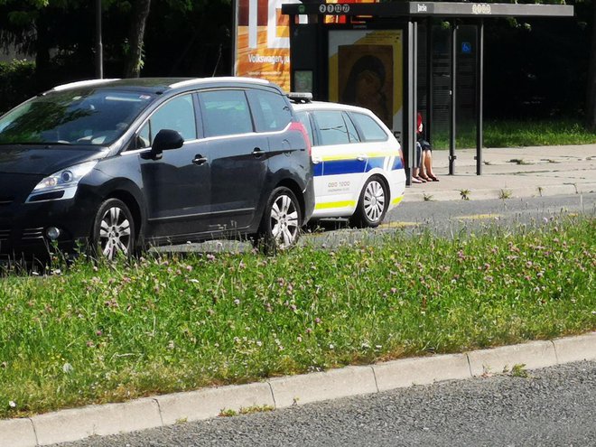 Policijski avtomobil stoji na avtobusni postaji na Šmartinski cesti. FOTO: bralec Rado