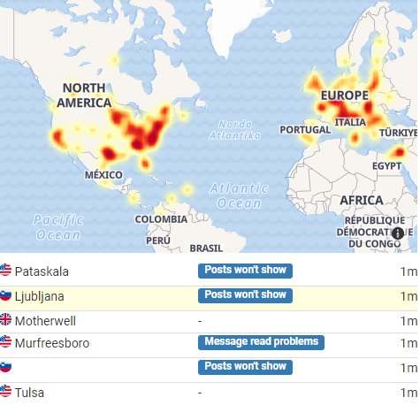 Težave imajo večinoma Evropejci in Američani. FOTO: Outage Report Facebook, posnetek zaslona