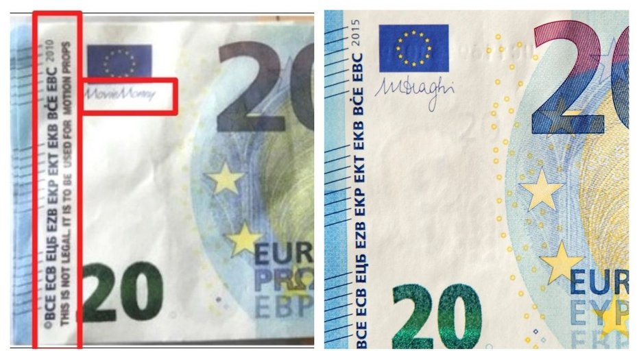 Fotografija: Primerjava pravega in nepravega bankovca za 20 evrov. FOTO: PU Celje