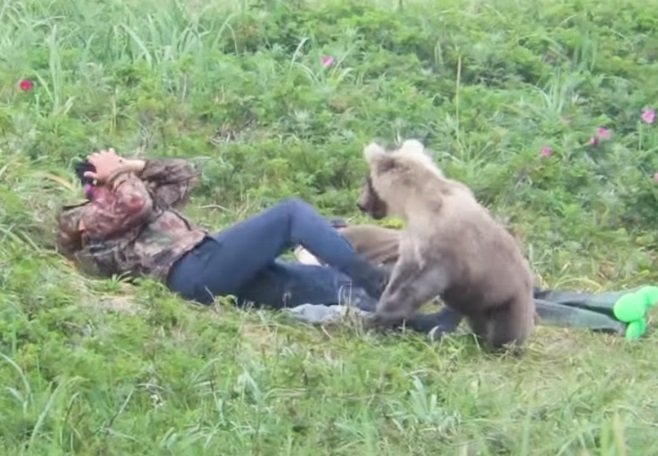 Fotografija: Tudi medved se je prestrašil, ko je moški »oživel«. FOTO: Facebook