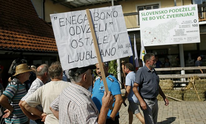 Protest kmetov za odstrel zveri v Velikih Laščah prejšnjo soboto. FOTO: Blaž Samec, Delo