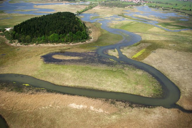 Meandri Cerkniškega jezera iz zraka Foto: Primož Hieng