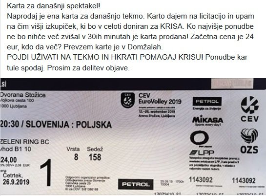 Poziv dobrodelneža Sloveniji, da z nakupom vstopnice pomagajo Krisu. FOTO: zajem zaslona