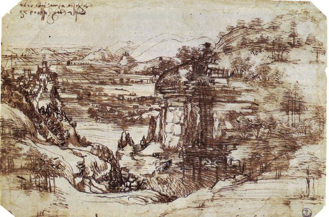 Pokrajina z dolino reke Arno (1473) je prvo podpisano da Vincijevo delo.