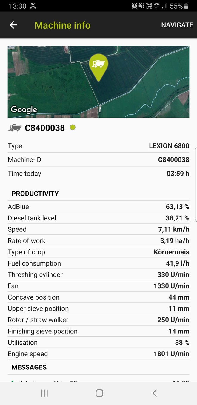 Na pametni telefon lahko dobimo vse informacije o delovanju kombajna Claas lexion. Na primer položaj kombajna na google zemljevidu, založenost z gorivom in adbluejem, porabo goriva, vozno hitrost, storilnost itd. Digitalno kmetijstvo, o katerem se pri nas zdaj toliko govori, je na področju sodobnih kombajnov že vrsto let v praktični uporabi. FOTO: Klemen Kaučič