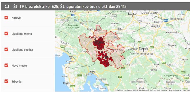 Prikaz števila uporabnikov brez elektrike ob 20.15. Prikaz je informativne narave. FOTO: Spletna stran, Elektro Ljubljana