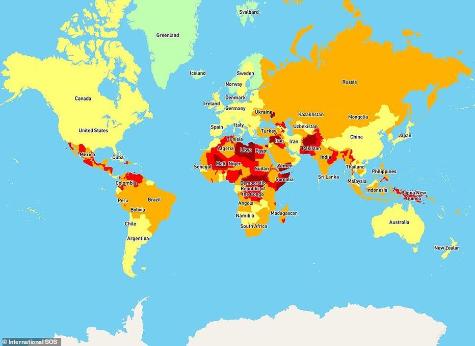 Fotografija: Države z najvišjim varnostnim tveganjem so obarvane z rdečo, tiste z najnižjim pa zeleno.