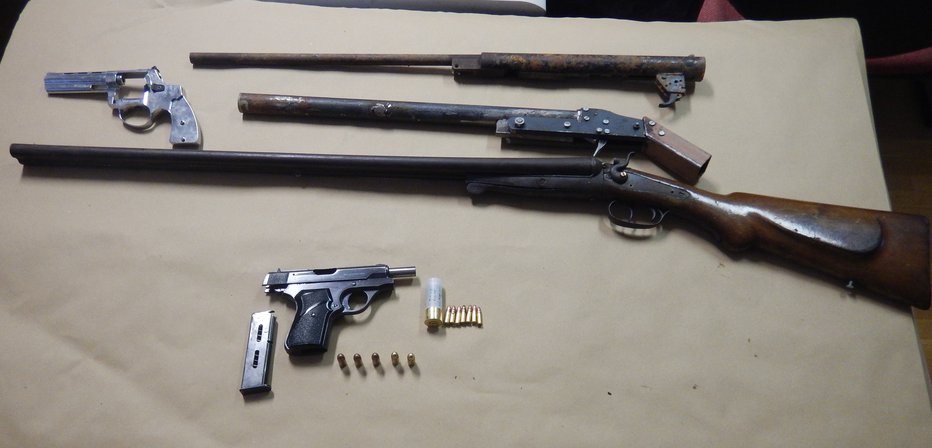 Fotografija: Zasegli so tri puške, dve pištoli in naboje. FOTO: PU Novo mesto