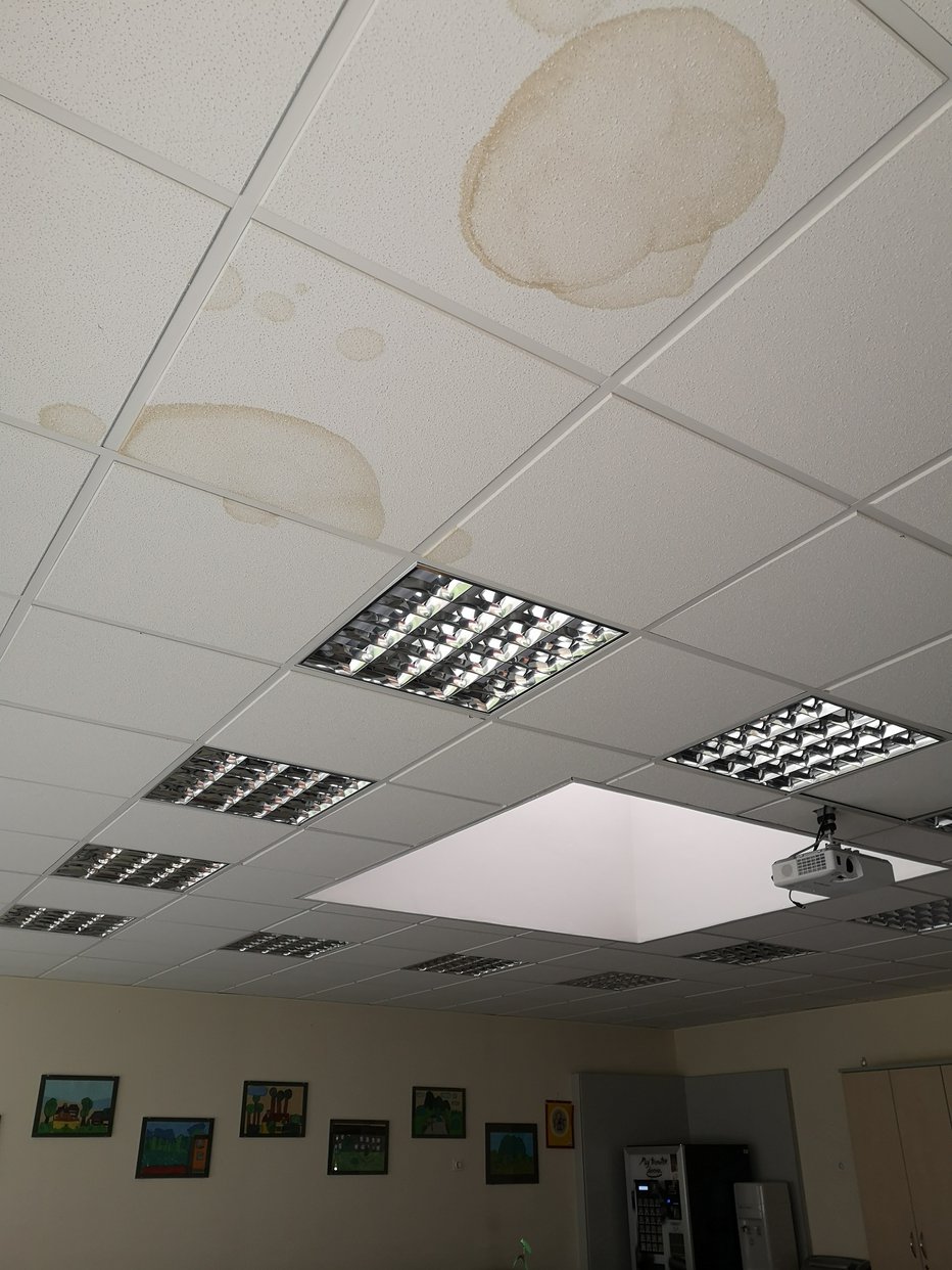 Fotografija: Madeži na stropu so posledica zamakanja strehe. FOTO: Mojca Marot