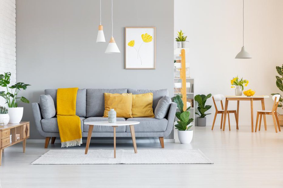 Fotografija: Barvi leta 2021 siva in rumena ponujata veliko možnosti kombiniranja, tako na stenah kot tudi pri pohištvu in dodatkih. FOTO: Photographee.eu, Shutterstock