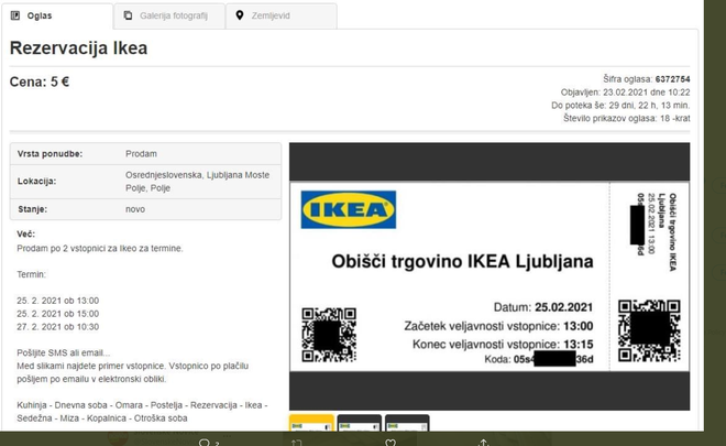 Prodaja spletnih rezervacij za Ikeo. FOTO: posnetek zaslona