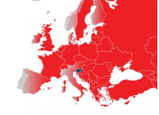 Zemljevid Evrope z barvnimi oznakami držav glede na tveganje za okužbo z novim koronavirusom. FOTO: Gov.si