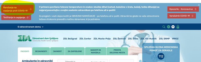 Prek uradne spletne strani ZD Ljubljana <em>www.zd-lj.si</em> se lahko prijavite na cepljenje – rdeči zavihek levo zgoraj. FOTO: Zaslonski posnetek