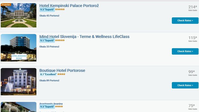 Okvirne cene hotelov, ki jih najdemo na spletu. FOTO: Zaslonski posnetek