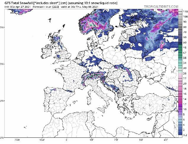 Prikaz, ki Sloveniji za naslednji teden napoveduje snežne padavine. FOTO: Tropicaltidbits.com