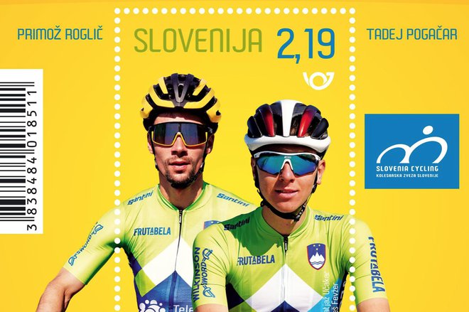 Pošta Slovenije je izdala znamko s podobo Tadeja Pogačarja in Primoža Rogliča. Vir: Pošta Slovenije