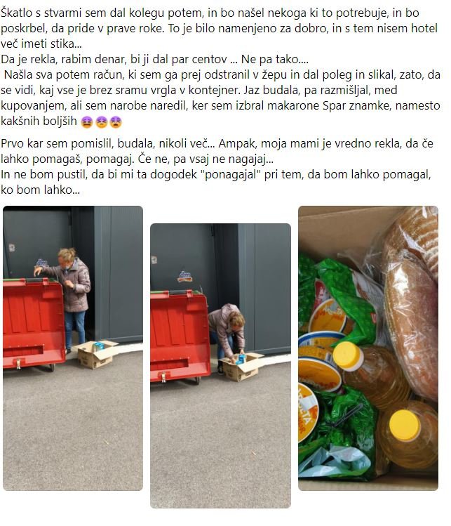 Ženska je prosila za pomoč, nato pa vse, kar ji je moški podaril vrgla v smeti. FOTO: Facebook Objava