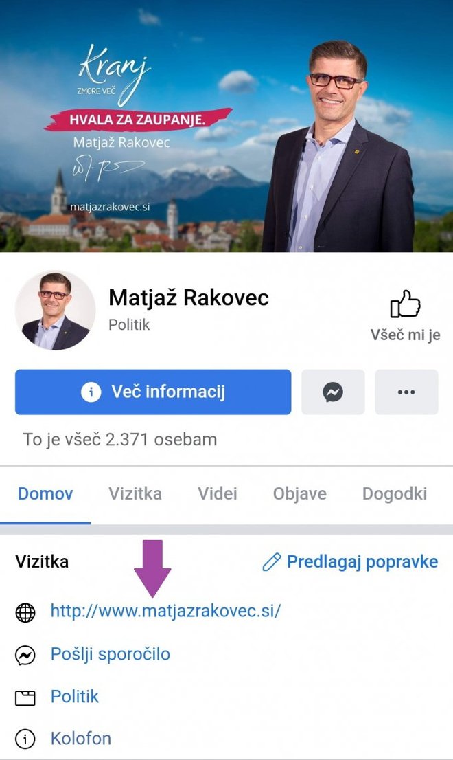 Tako je videti prava facebook stran Matjaža Rakovca. FOTO: Mestna občina Kranj