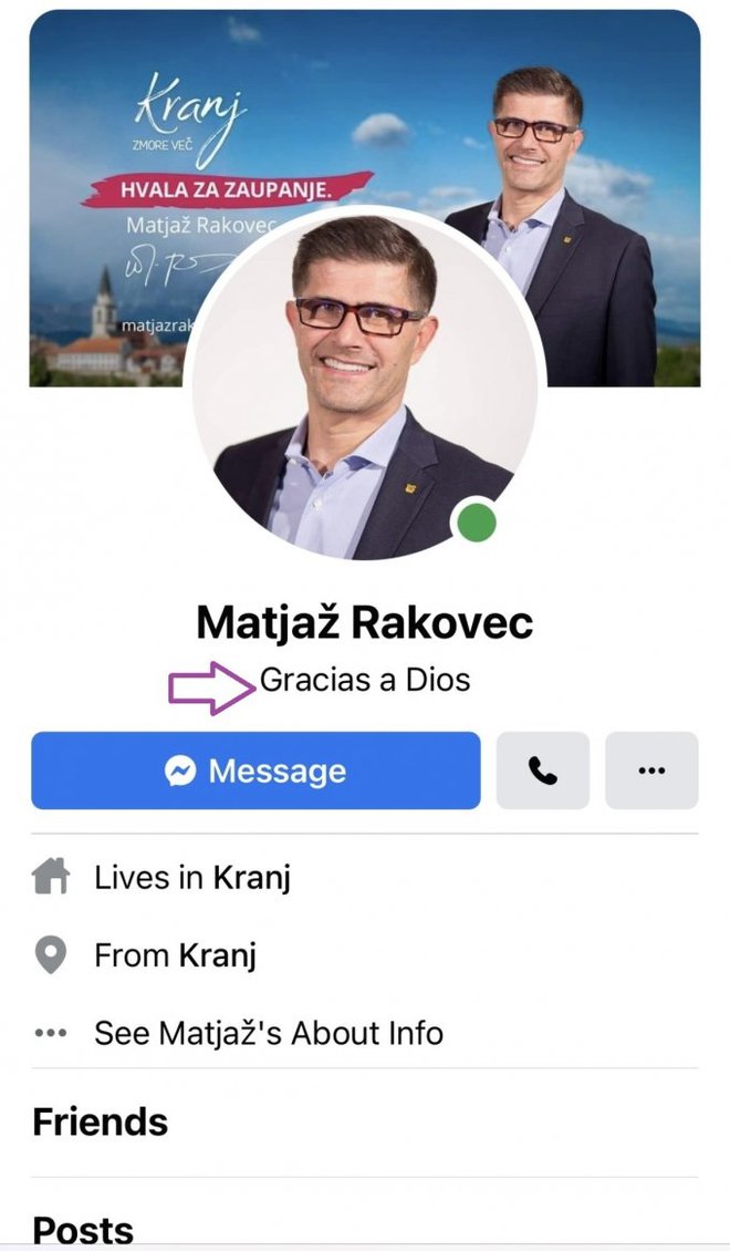 Tako je videti facebook stran, na kateri so zlorabili identiteto Matjaža Rakovca FOTO: Mestna občina Kranj