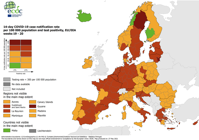 Zemljevid držav glede na število okuženih oseb. Posodobljen 27. maja. FOTO: ECDC