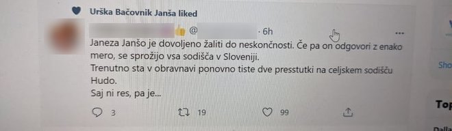 Tvit, ki ga je Bačovnik Janševa všečkala. FOTO: Zaslonski posnetek