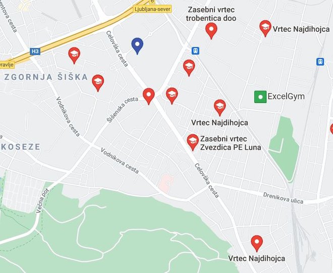 Vrtci v Šiški. Celovški dvori so ob modri oznaki. FOTO: Googlemaps