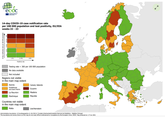 Slovenija je po evropskem zemljevidu še vedno oranžna, a se utegne to v nekaj urah spremeniti. FOTO: ECDC