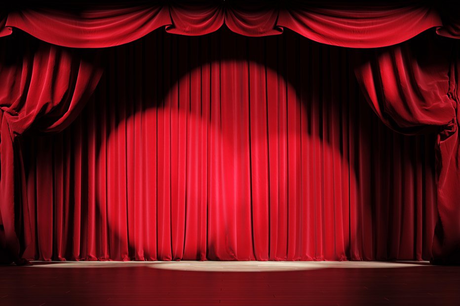 Fotografija: Theater stage with red velvet curtains and spotlights. 3d illustration