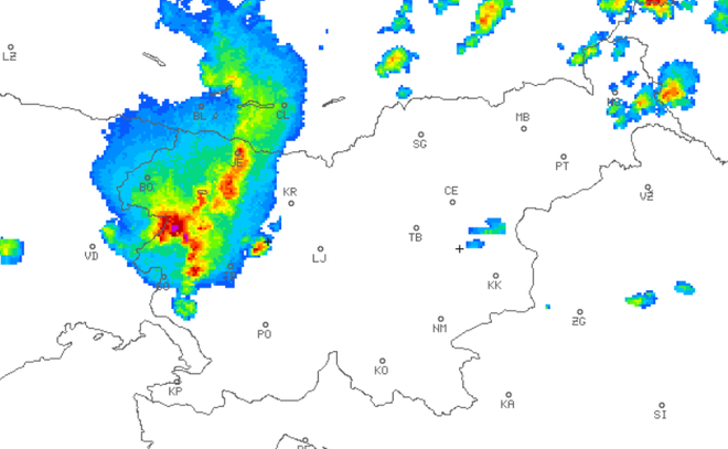 Radarska slika padavin. FOTO: Meteo.si