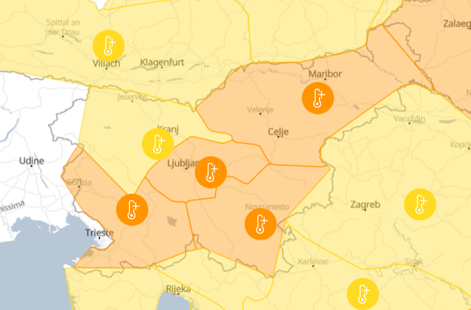 Večina Slovenije obarvana oranžno. FOTO: Meteoalarm