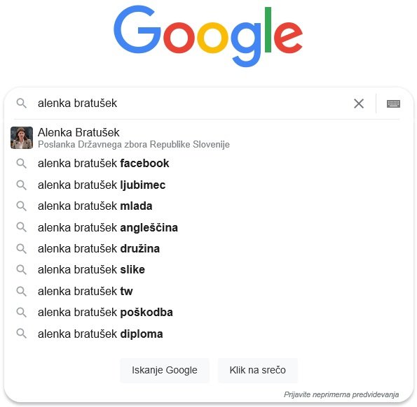 Tisti, ki brskajo za Alenko Bratušek (SAB), pogosto iščejo njen facebook profil, več kot očitno pa jih zanima tudi njeno intimno življenje. FOTO: Zaslonski posnetek/Google.com