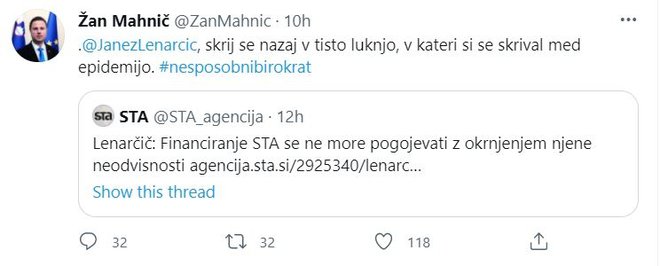 Zapis Žana Mahniča na twitterju. FOTO: Twitter, zaslonski posnetek