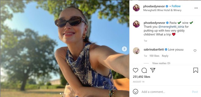 Igralka Phoebe Dynevor je za zahvalo istrskim gostincem prejela četrt milijona všečkov. FOTO: Instagram