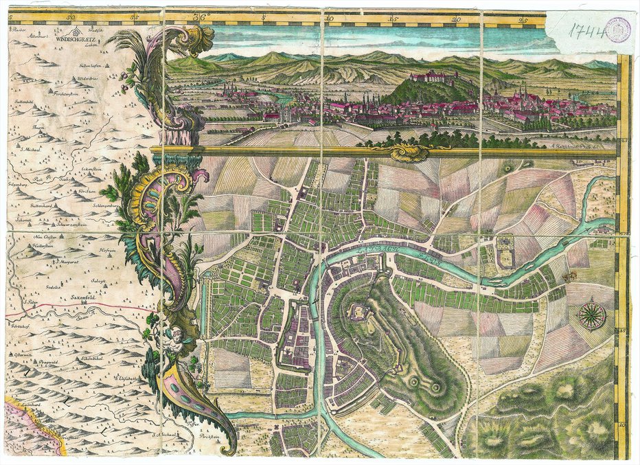 Fotografija: Upodobitev Ljubljane na Florjančičevem zemljevidu iz leta 1744 Vir: arhiv NUK
