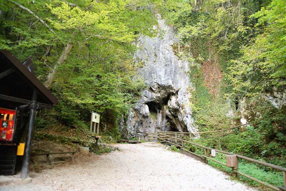 Fotografija: Vhod v jamo Pekel z značilno podobo razkoračenega velikana, med njegovimi nogami pa iz podzemlja prihaja potok Peklenščica.
